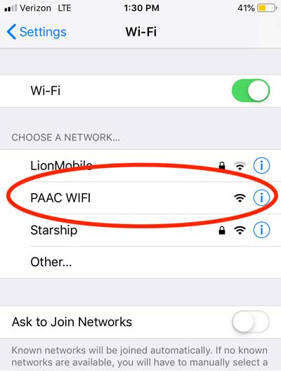 Select PAAC WIFI in your device's settings
